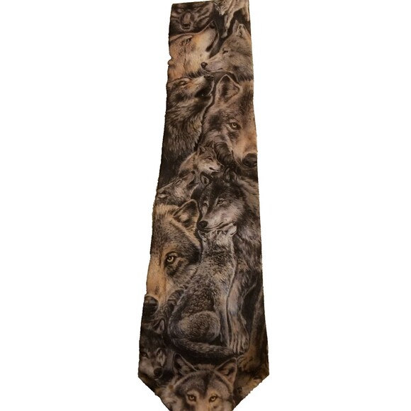 Vintage Men's Neck Tie D'em Crazy Wolves Brown D.C. Enterprises 1990's USA - Picture 2 of 9